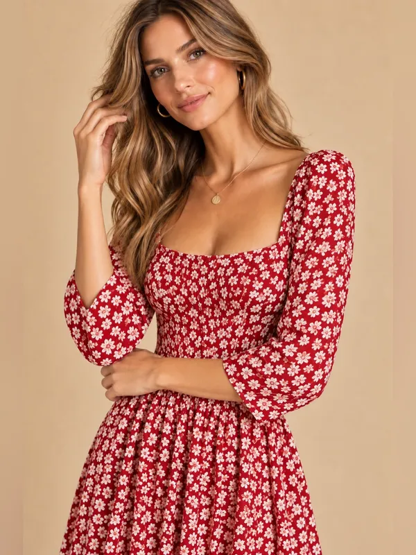 Reformation Red Ivory Floral Square Neck 3/4 Sleeve Midi Dress Size 0 Boho Style - Image 2