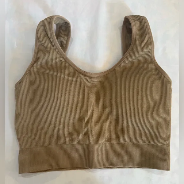 380 NVGTN Ribbed Sports Bra in Brown Beige Small Athleisure - Image 2