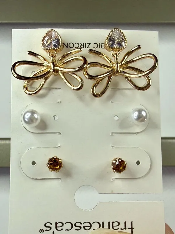 Francesca's Clear and Gold Faux Pearl & Rhinestone Stud Trio - Image 2