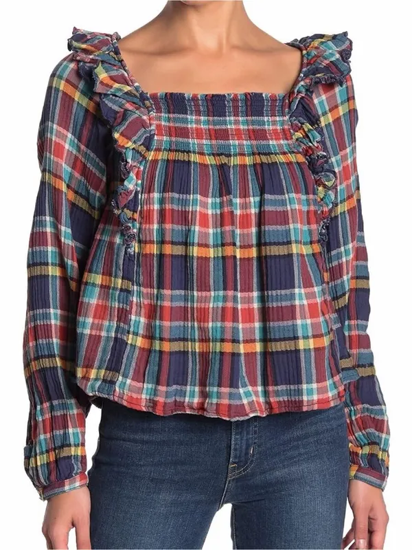 Free People Siena Plaid Pullover Shirt Ruffle Navy Blue Red Size XS Peasant - Image 2