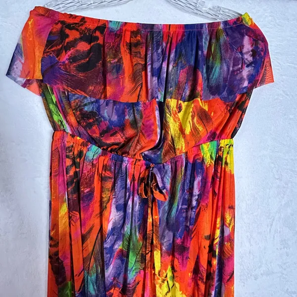 Cynthia Rowley Women Large Mesh High Low Maxi Dress Rainbow Feather Print Ruffle - Image 2