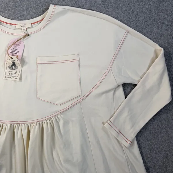 Easel Emma Tunic Top Women's Small S Ivory Red Contrast Stitch Long Sleeve NEW - Image 2