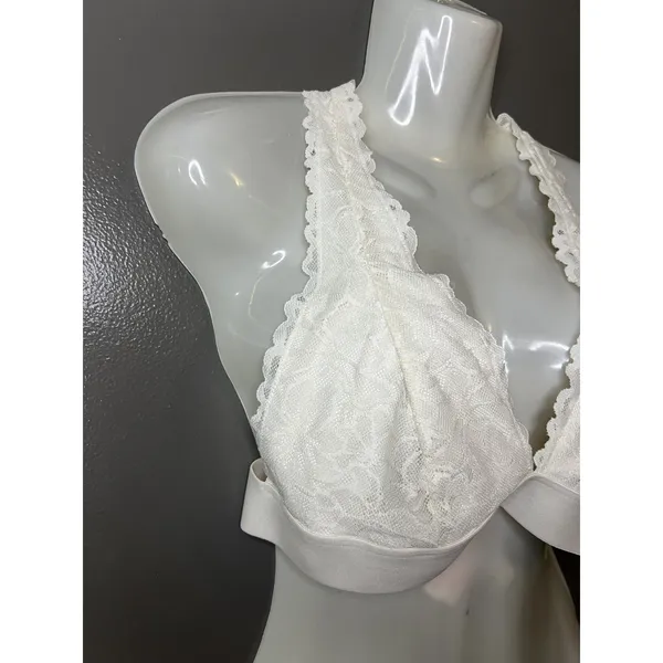 PINK Bralette Bra Womens Large White Lace Wireless Crossback Strappy Lined B Cup - Image 2