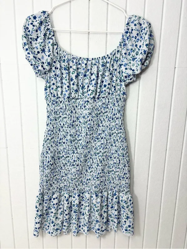 wild‎ fable White & Blue Smocked Midi Dress with Puff Sleeves Size XS - Image 6