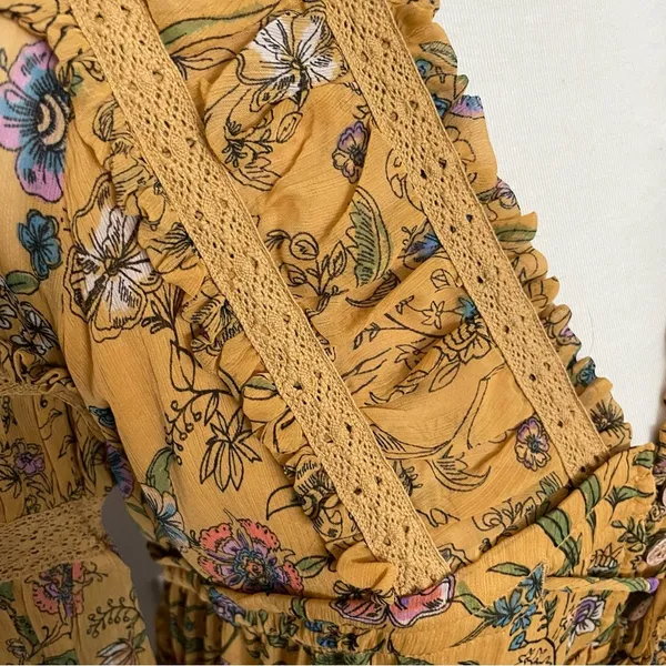 Free People Dress Cassis Midi Maxi Floral Lace Tiered Lined Boho Mustard Yellow - Image 4