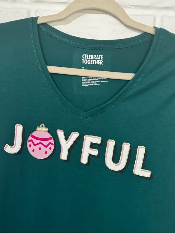 Celebrate Together “Joyful” Shirt Women’s Medium Teal V Neck Pink Ornament - Image 2