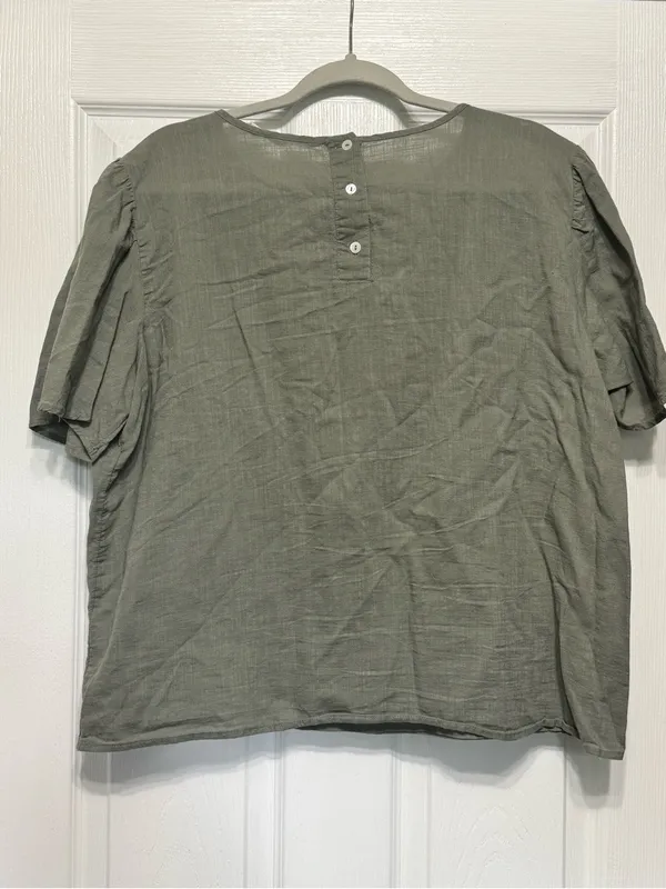 Candace Cameron Bure Sage Green Floral Embroidery Cotton Short Sleeve Top Large - Image 2