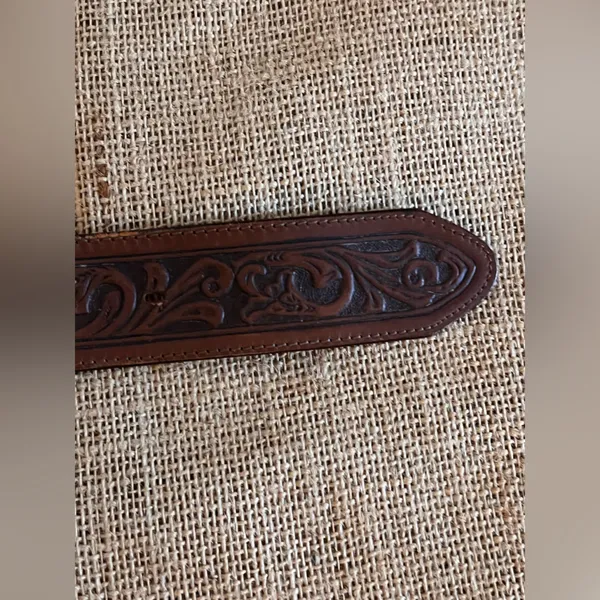 Justin Boots Brown Tooled Cowhide Leather Concho Coin Belt Silver Buckle western 32 in - Image 11