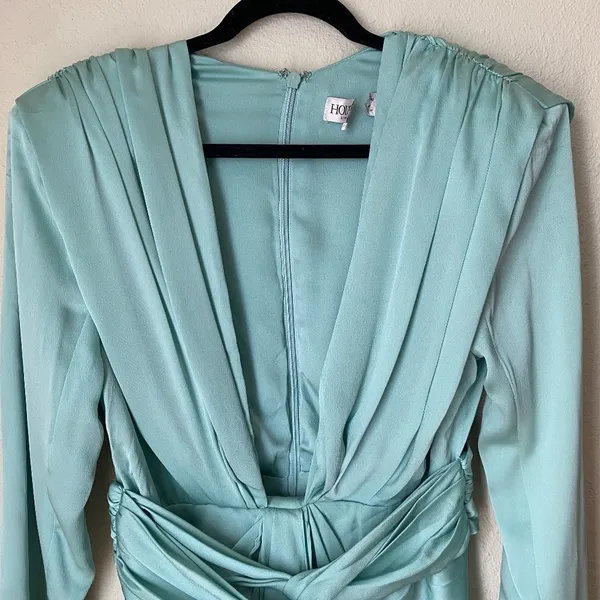 House of CB Pascale Aqua Draped Plunge Satin Mini Dress Womens Size M Mint Green - Image 10