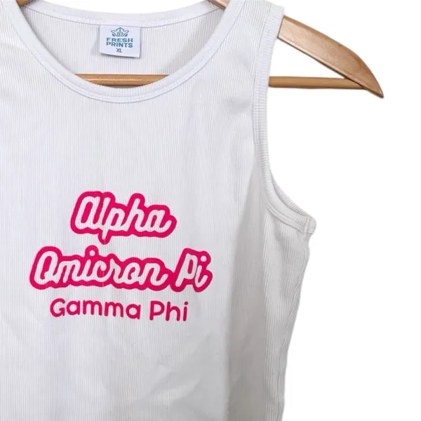 💥 Alpha Omicron Pi Gamma Phi White Cropped Top Size XL - Image 2