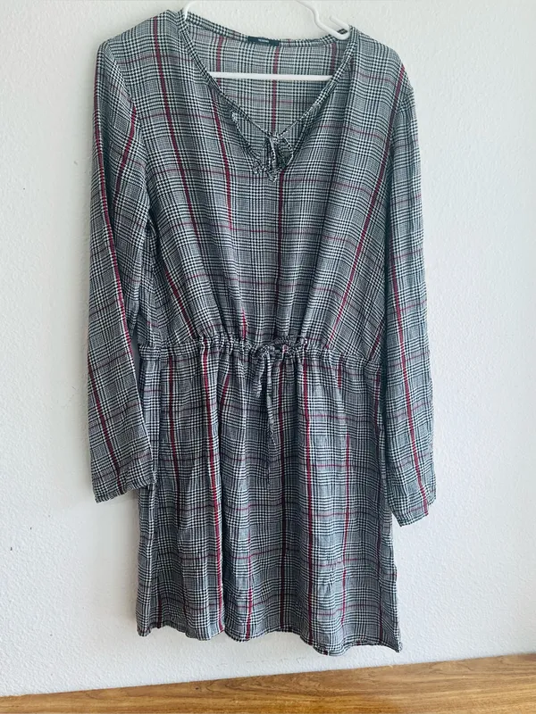 Gray Plaid Long-Sleeve Drawstring Waist Dress - Image 6