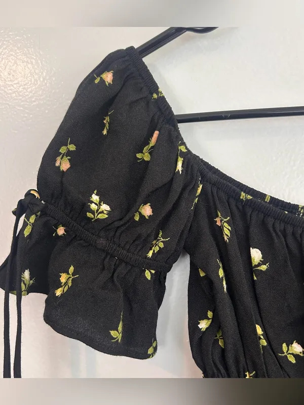 Reformation Solis Briar Black Floral Off the Shoulder Milkmaid Boho Top Small - Image 5