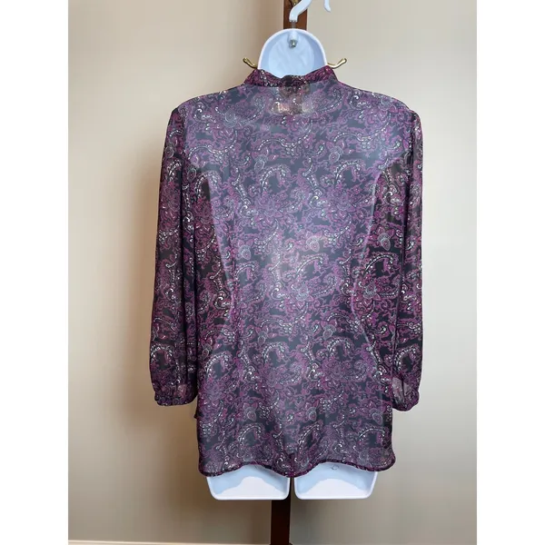 LOFT Blouse Size M Purple Magenta Paisley Sheer Long Sleeve V Neck Boho - Image 3