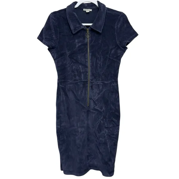 Corduroy Bodycon Dress Blue Zip Front Collared 90s Y2K Soft Stretch‎ Fitted Med - Image 2