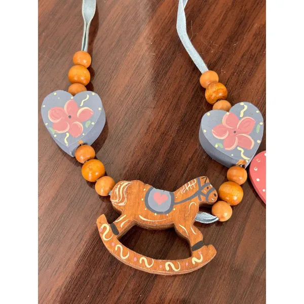 Hand Painted Wooden Rocking‎ Horse Heart Necklaces Country Folk Art Cottagecore - Image 2