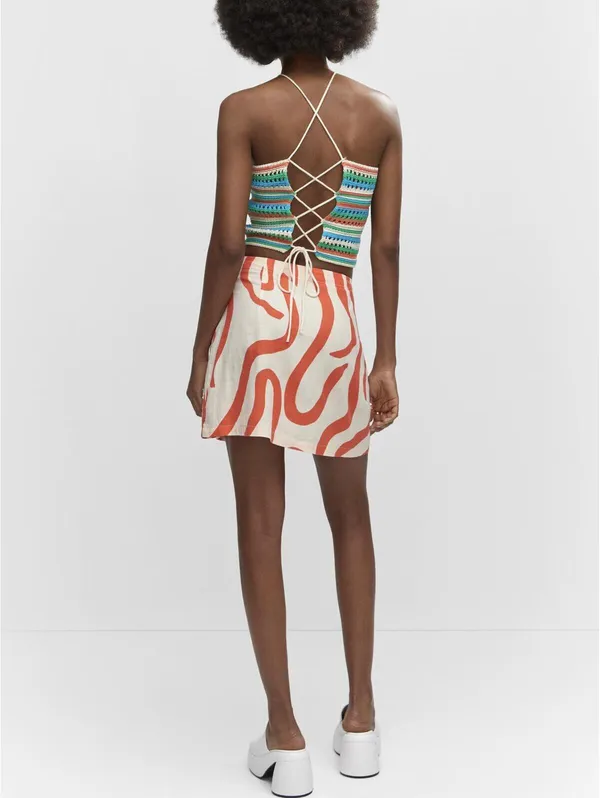 Mango Printed Linen-Blend Skirt Orange Ecru NWT Size XS - Image 2