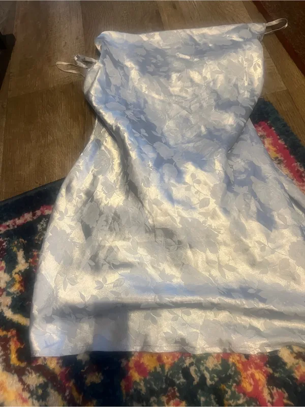 Lulus Close to Your Heart Dusty Blue Satin Jacquard Cowi Slip Dress Size L - Image 11