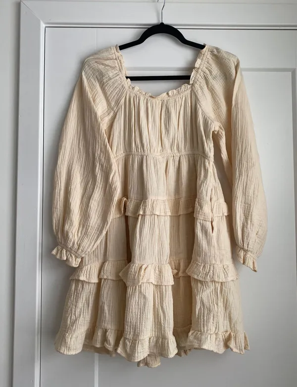 &merci taupe brown Puff Sleeve Babydoll ruffled Mini Dress sz S - Image 10