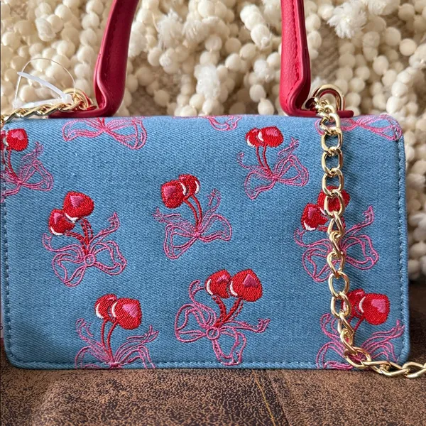 Betsey Johnson Cherry Embroidered Denim Handbag with bag charm NWT - Image 3