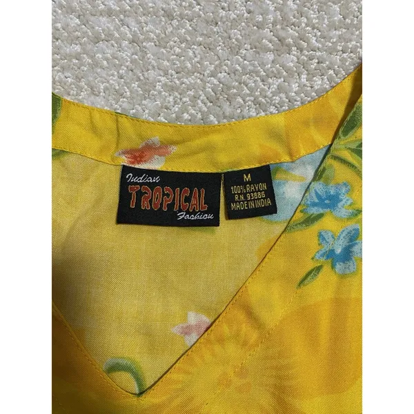Indian Tropical Fashion Yellow Floral Beaded Sequin Rayon Sundress V-Neck M - Image 7