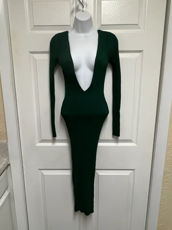 Hunter Green Deep V Neck Ribbed Dress - Image 5