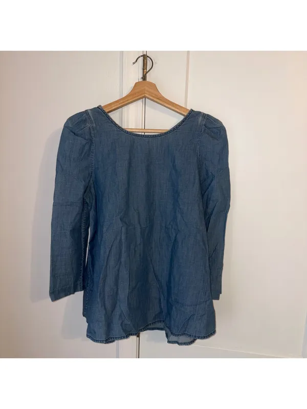 The Great. $225 Woman’s 1 Small Denim Puff Sleeve Boho Pleasant Blouse Top - Image 2