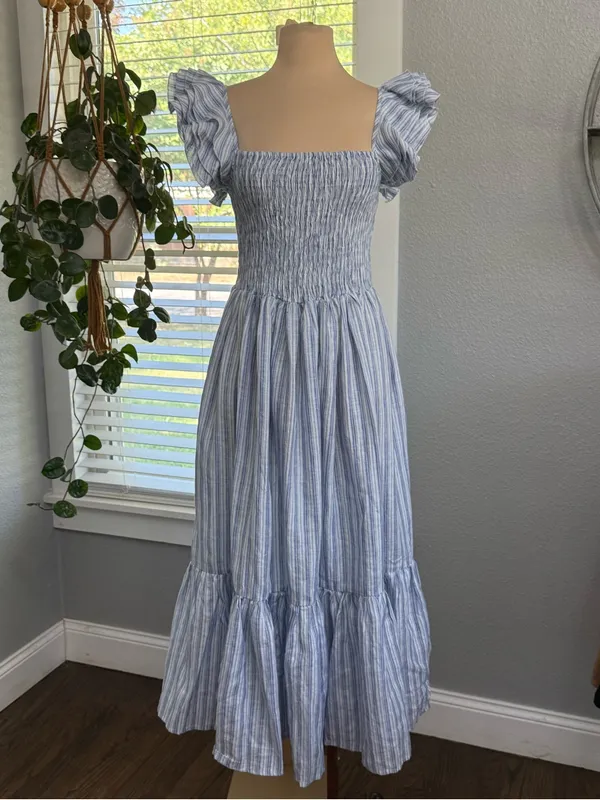 Mille Olympia Linen Midi Dress Size Small Smocked Tiered Ruffle Sleeve - Image 4