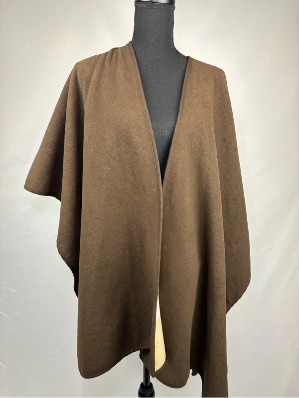 Plaid Open-Front Cape in Cream, Beige and Brown - Image 7