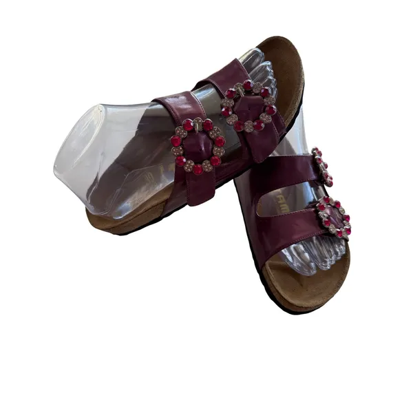 Tatami Women Leather Whimsy Sandals 39 Plum Rhinestone Buckle Slide Birkenstock - Image 2