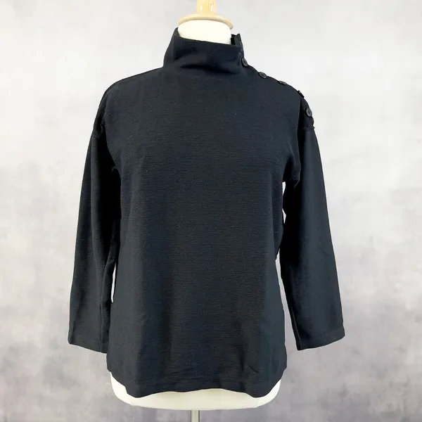 Max Studio Womens Top‎ L Black Mock Neck Button Sleeve Minimalist Quiet Luxury - Image 2