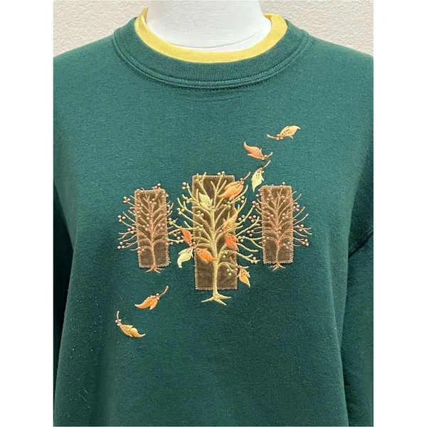 Pleasant Shade Vintage Green Embellished Fall Leaves Crewneck Sweater Size Large - Image 14