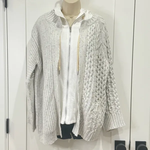 POL Cable Knit Sweater Zip Cardigan Small Oversized Layered Gray Coastal Boho - Image 2