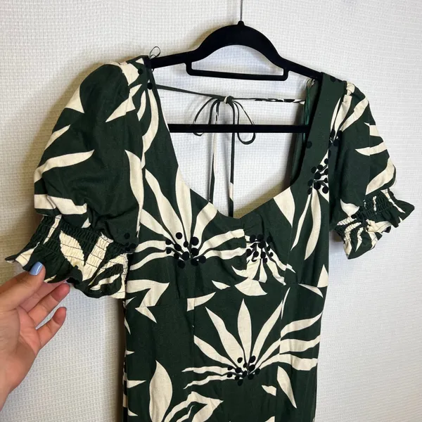 Francescas Forest Green Tropical Floral Linen Blend Puff Sleeve Midi Dress M - Image 6