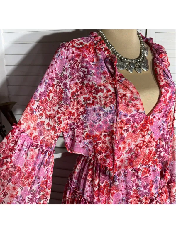 Misa Los Angeles chiffon babydoll floral mini dress Angel sleeves boho Fairy XS - Image 9