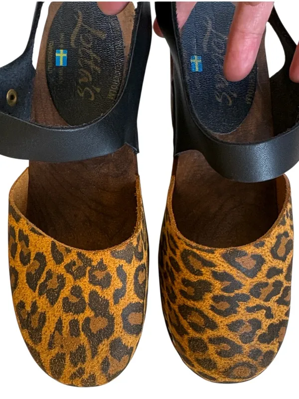 EUC Lotta’s Stockholm Leather Sling Back Heeled Clogs Black Leopard 7.5 - 8 - Image 2