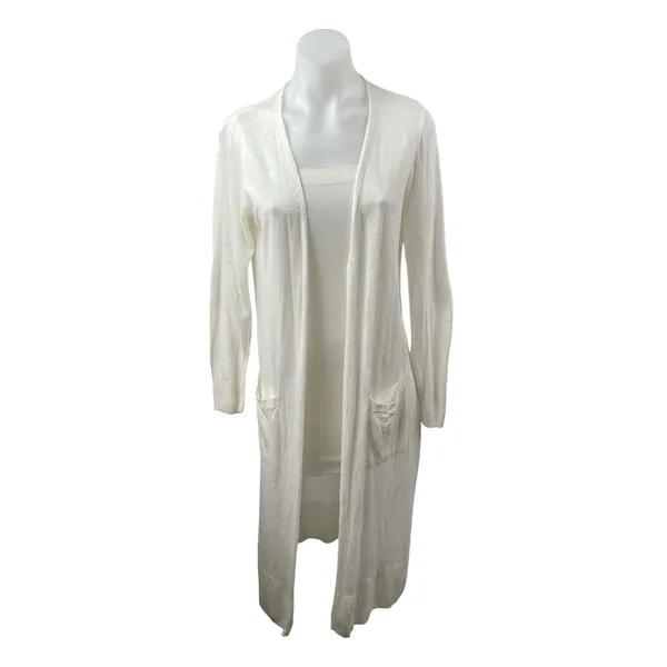 Rachel Zoe Womens White Linen Long Sleeve Longline Duster Cardigan Sweater Top M - Image 2