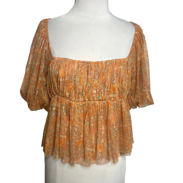 Free People‎ Penelope Printed Smocked Peplum Top Orange Size L - Image 4
