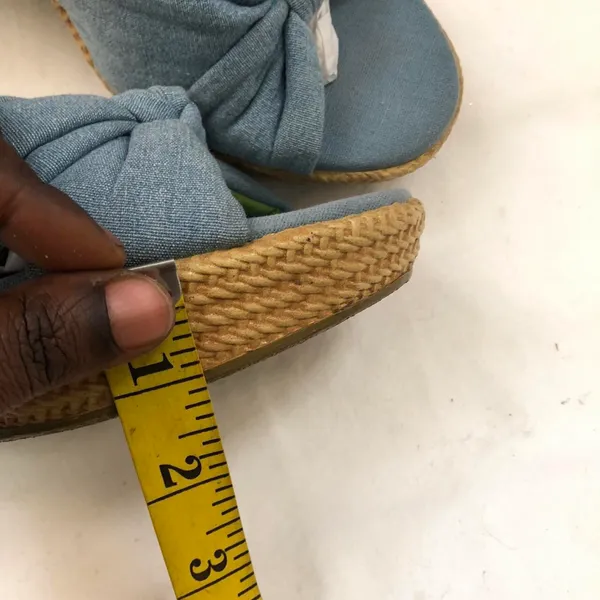 Y2K blue jean denim fabric chunky platform wedge sandals open toe heels brown espadrilles front tie knot - Size 8 #indie #hippie #hobo #boho #festival retro - Image 5