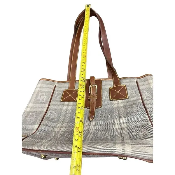 Vintage Dooney & Bourke Brown Tan Plaid Leather Trim Womens Purse Tote Bag - Image 12