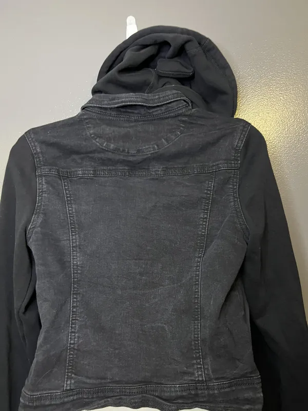 WallFlower Jacket Womens Small Black Denim Hooded Knit Sleeves Button Cropped - Image 6