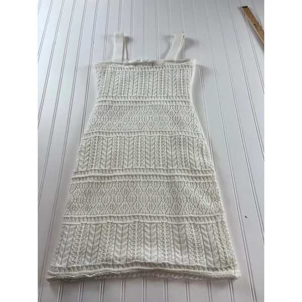 Taylor Boho-Chic Crochet Bodycon Tank Dress White Knit Mini Square Neck Small - Image 8