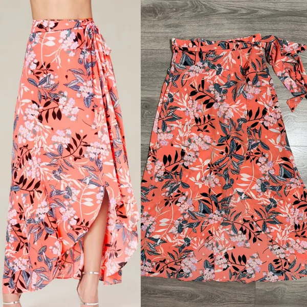 bebe Maxi Skirt Size 8 Coral Floral Wrap High Low Tropical Summer Tie Waist - Image 2