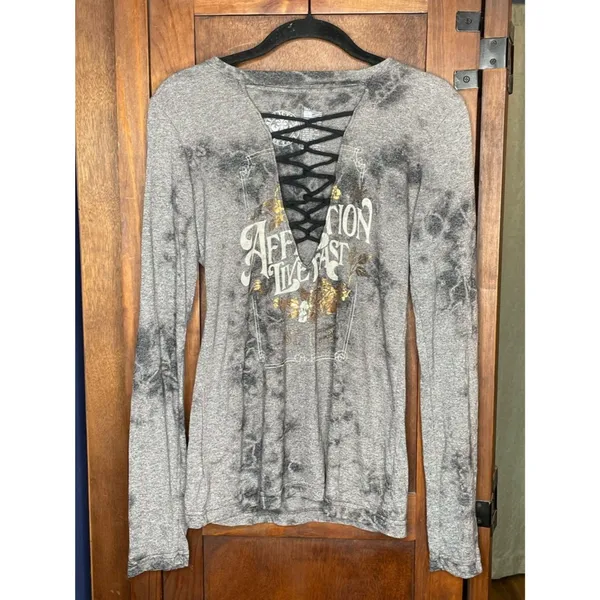 Affliction Live Fast Lace Up Top Gray Burnout Long Sleeve Grunge Bikercore S - Image 2