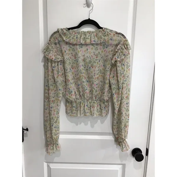 by ANTHROPOLOGIE Blouse Womens XS Green Floral Ruffled Puff Sleeve Boho - Image 3