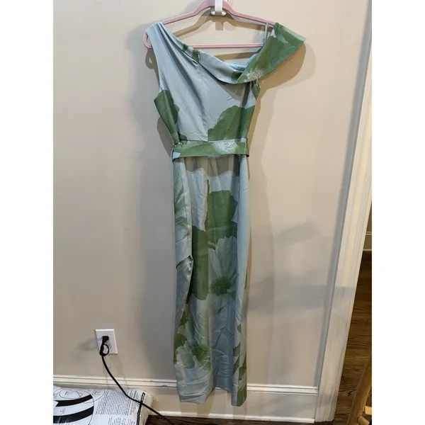 Jewel Badgley Mischka New One Shoulder Floral Belted Maxi Column Dress Size 2 - Image 4