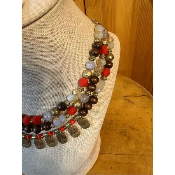 Three Layered Strand Red Brown Gold White Beaded Necklace 18" Gold Toned Chain ( - Image 4