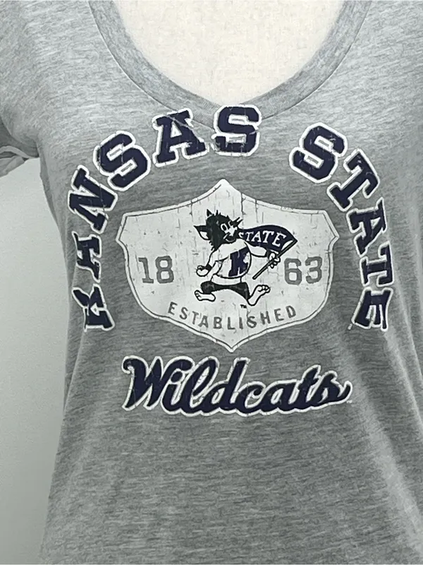 Champion Kansas State Wildcats Women’s Gray Striped Sleeve V-Neck T-Shirt Small - Image 2