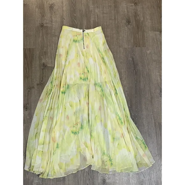 Alice‎ + Olivia Size 2 Shannon Pleated Citrus Yellow Print Overlay Maxi Skirt - Image 5