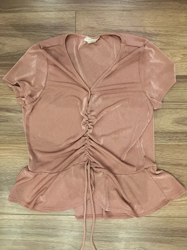 O’Delilah Dusty Rose Ruched Peplum Velvet Top | Size Large - Image 3
