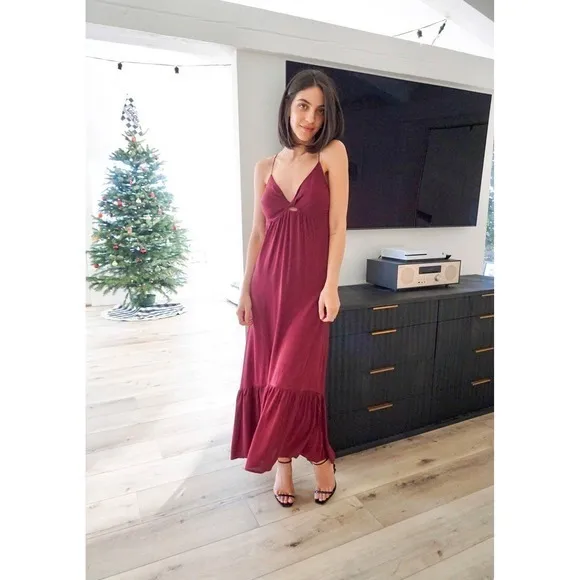 Burgundy Open Back Maxi Dress‎ V-Neck Twist Front Ruffle Hem Wine Boho Summer - Image 3